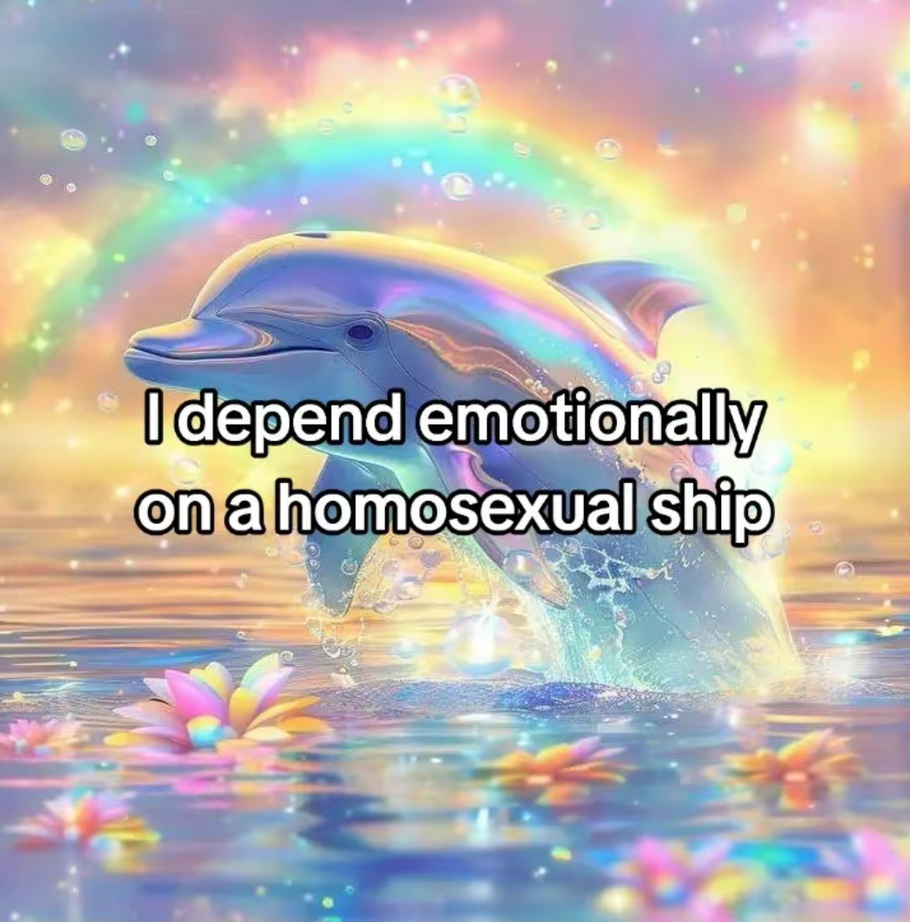 A drawing
              of a dolphin jumping out of the ocean with a dream-like background
              with the words in the center of the picture saying 'I Depend On Gay
              Ships'