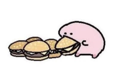 Drawing of
              Kirby from Nintendo's Kirby series eating a bunch of burgers