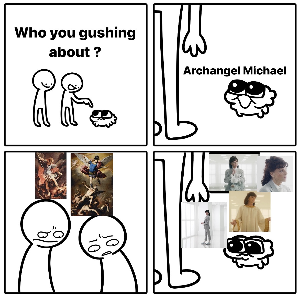 Panel formated
              meme with 2 tall people and and a small guy talking about how the
              small dude gush over Archangel Micheal. Where the two other people
              are thinking they are talking about from the Bible; but the little
              guy talking about Micheal from Good Omens