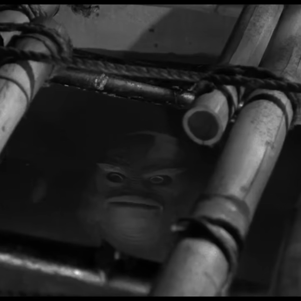 A
              screenshot from Monster from the 1930s Universal's Creature of the
              Black Lagoon with the Creature watching from the water under the
              deck
