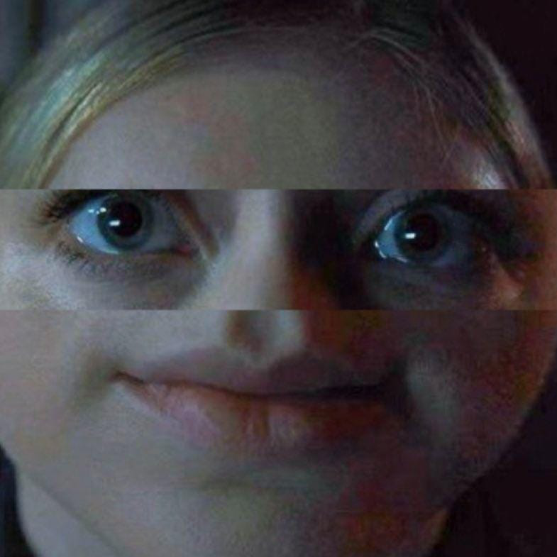 A close up of Vanessa from the FNAF movie with her nose
              edited out.